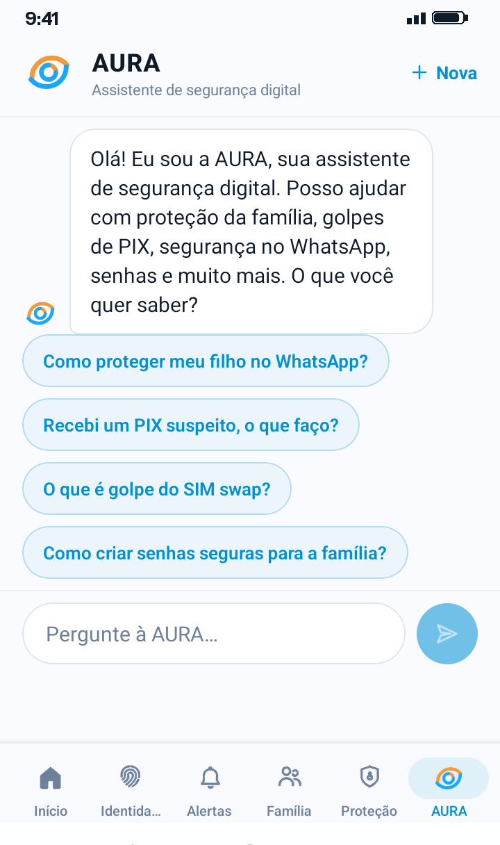 Tela da AURA com sugestões prontas e o campo de pergunta