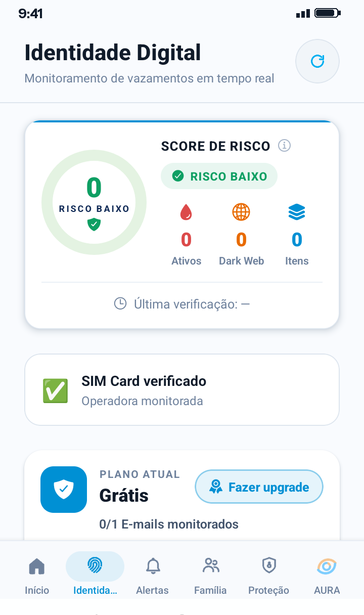 Tela Identidade Digital com os vazamentos encontrados e o botão Adicionar