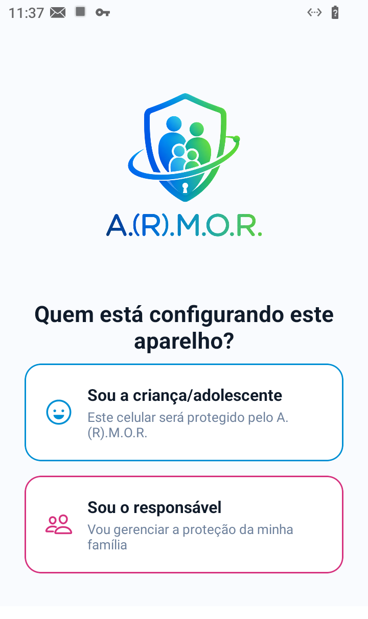 Tela perguntando quem está configurando o aparelho, com as opções Sou a criança/adolescente e Sou o responsável